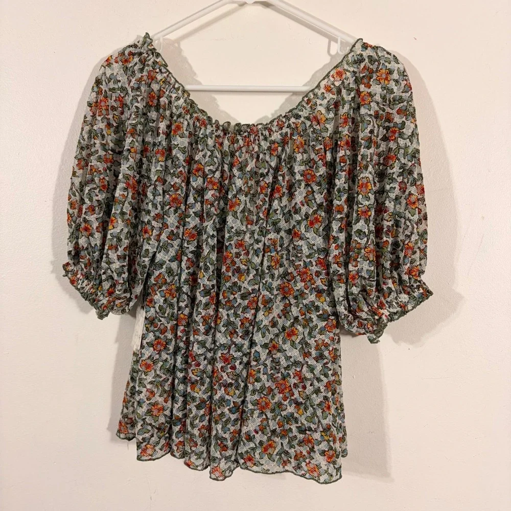 Free People Blouse Womens Medium Ivory Floral Mesh NWT Boho Puff Sleeve OB195947